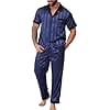 DEARCASE Mens Pajamas Set Satin Silk for Men Sexy Loungewear Navy Blue Black Large Classic Sleepwear Long Pants Button Down Pajama 2 Piece Lingerie