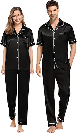 SWOMOG Couples Pajamas Sets Women &amp; Men Satin Short Sleeve Sleepwear Button Down Loungewear Pjs Set with Long Pants
