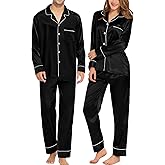 SWOMOG Couples Matching Pajamas Sets Women & Men Silk Satin Long Sleeve Button Down Sleepwear 2 Pcs Classic Loungewear